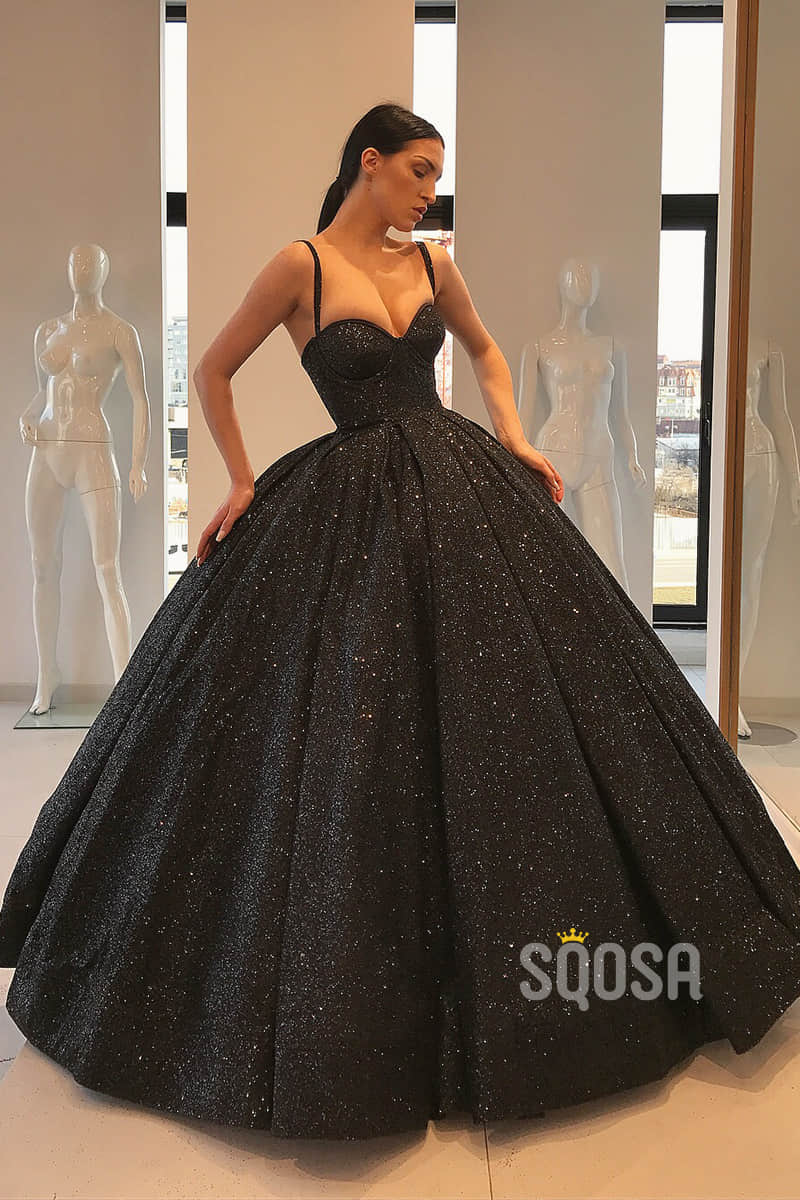 Ball Gown Sweetheart Spaghetti Straps Black Sparkle Formal Evening Dress QP1327|SQOSA
