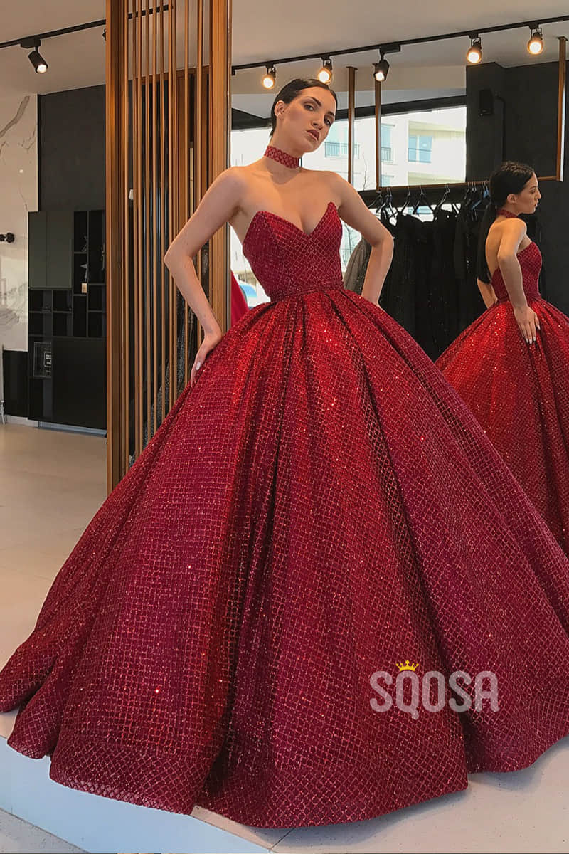 Ball Gown V-neck Burgundy Long Formal Evening Dress with Pockets QP1328|SQOSA