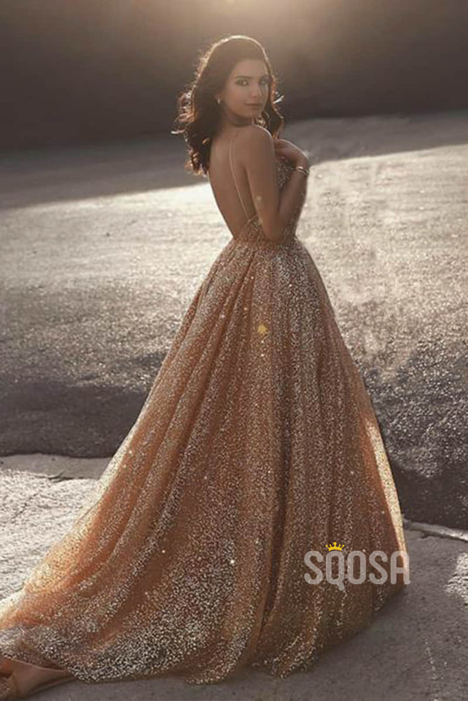 A-Line Vineck Gold Sequins Sparkle Prom Dress Formal Evening Gowns QP1330|SQOSA