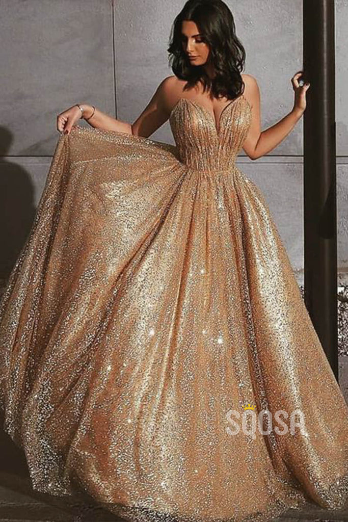 A-Line Vineck Gold Sequins Sparkle Prom Dress Formal Evening Gowns QP1330|SQOSA