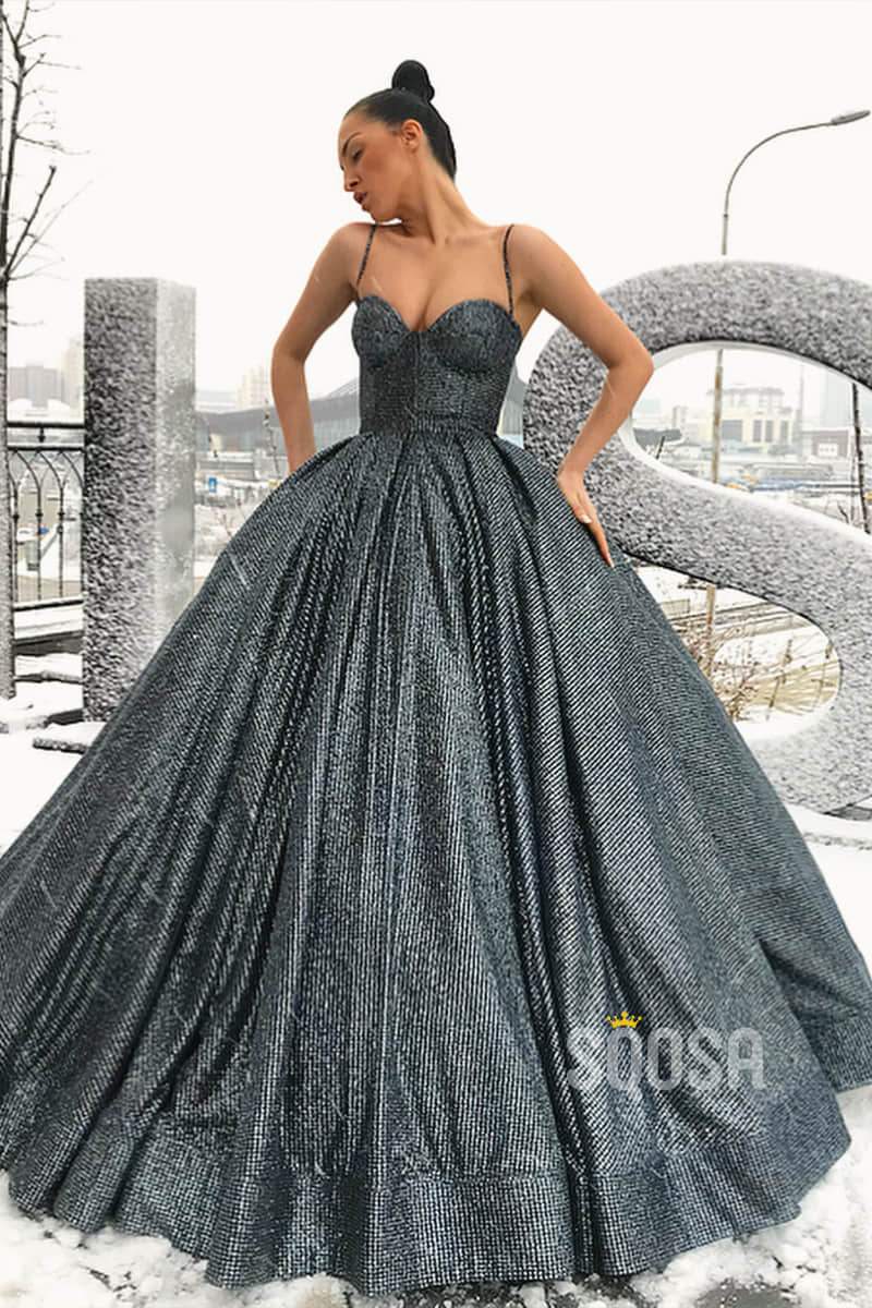Ball Gown Sweetheart Spaghetti Straps Black Sparkle Prom Dress Formal Evening Gowns QP1337|SQOSA