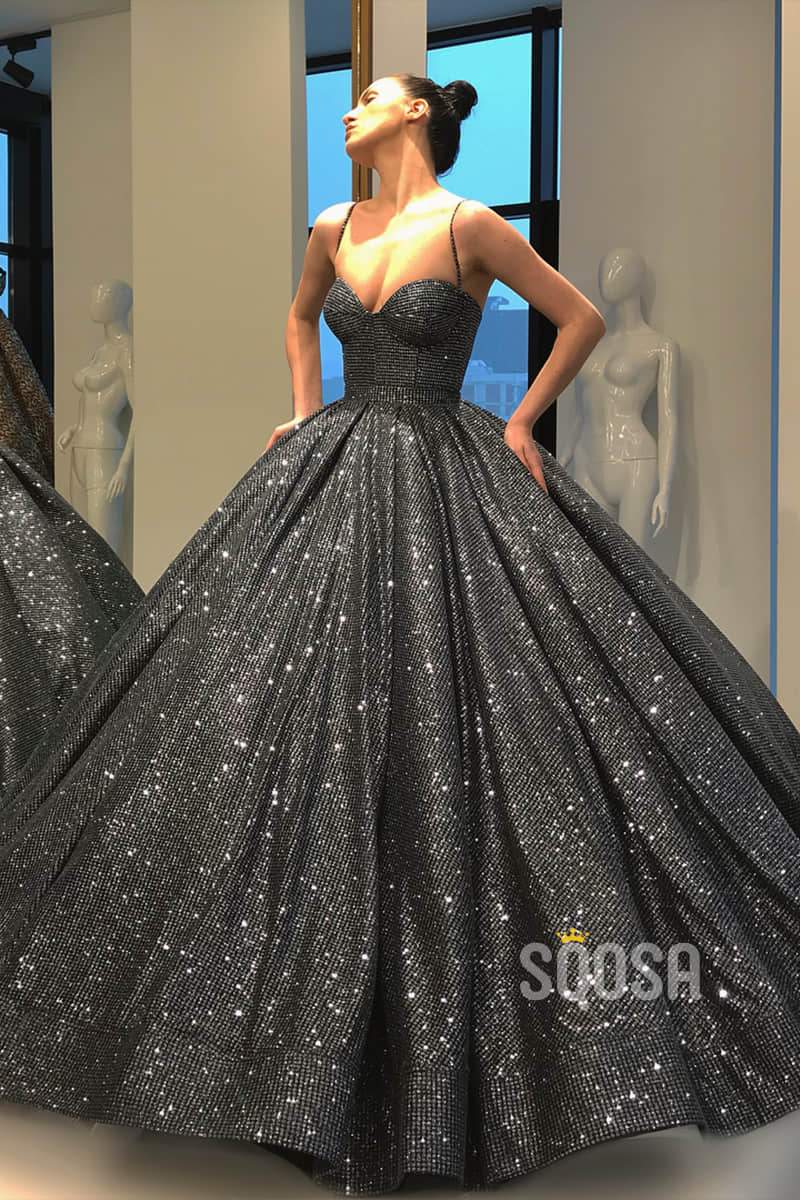 Ball Gown Sweetheart Spaghetti Straps Black Sparkle Prom Dress Formal Evening Gowns QP1337|SQOSA