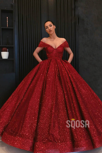 Ball Gown Off-the-Shoulder Burgundy Sequined Long Formal Evening Dress QP1338|SQOSA