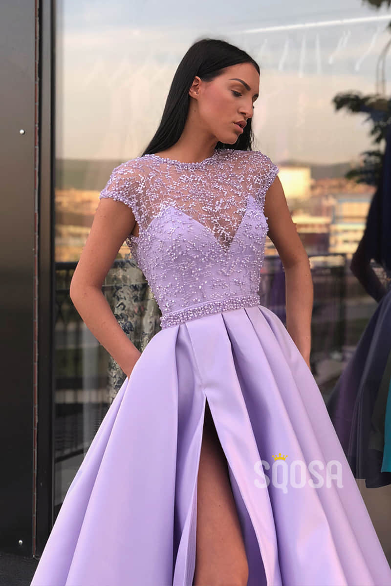 A-Line Lilac Satin Illusion Lace Top with Beadings High Split Long Prom Dress with Pockets QP1340
