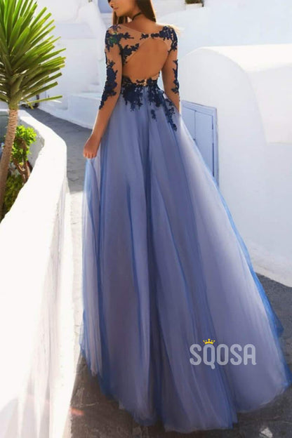 A-line Illusion Neckline Tulle Appliques Long Sleeves Prom Dress QP1343|SQOSA