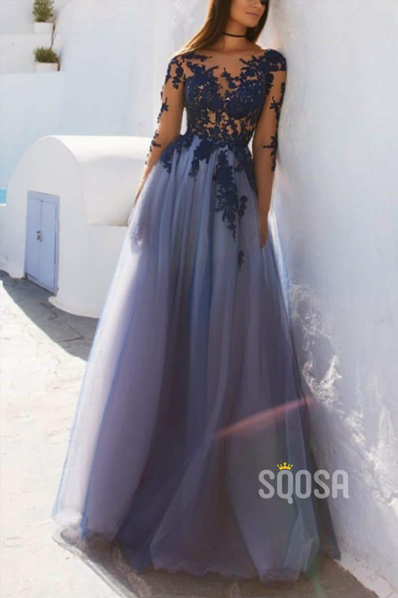 A-line Illusion Neckline Tulle Appliques Long Sleeves Prom Dress QP1343|SQOSA