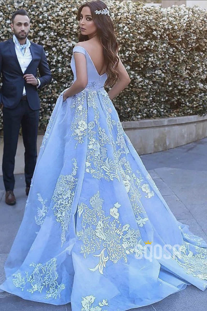 Ball Gown Sky Blue Tulle Appliques Long Prom Dress with Pockets QP1347|SQOSA