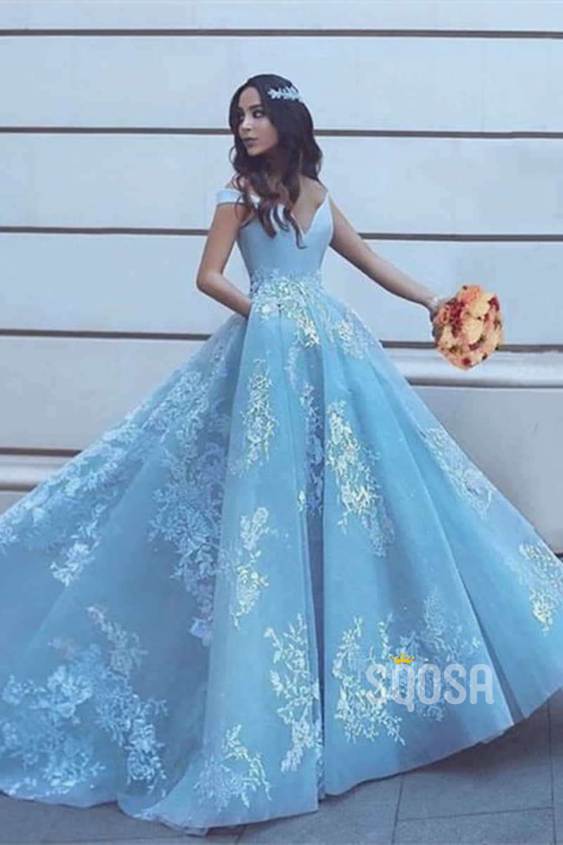 Ball Gown Sky Blue Tulle Appliques Long Prom Dress with Pockets QP1347