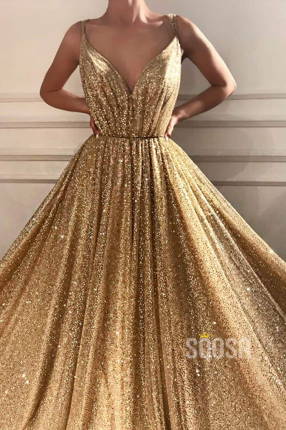 Gold Sequined A-line V-neck Spaghetti Straps Sparkle Formal Evening Dress Party Dress QP1352|SQOSA