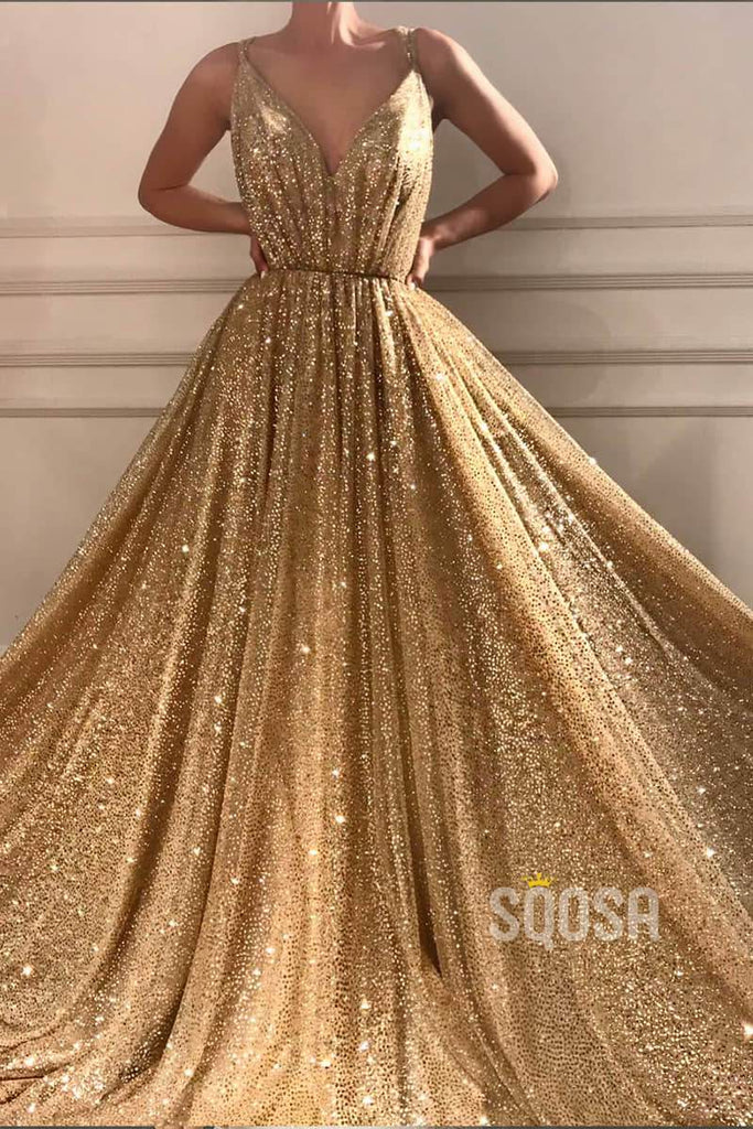 Gold Sequined A-line V-neck Spaghetti Straps Sparkle Formal Evening Dress Party Dress QP1352|SQOSA