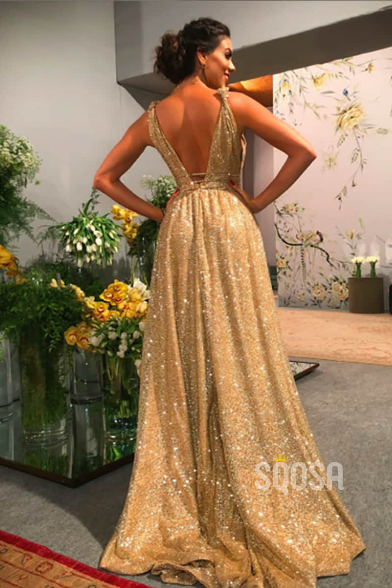 Gold Evening Dresses V Neck Sleeveless Straps Sequins Beaded Sexy Appliques  3D Lace Hollow Diamonds Prom Dresses Custom Made - AliExpress