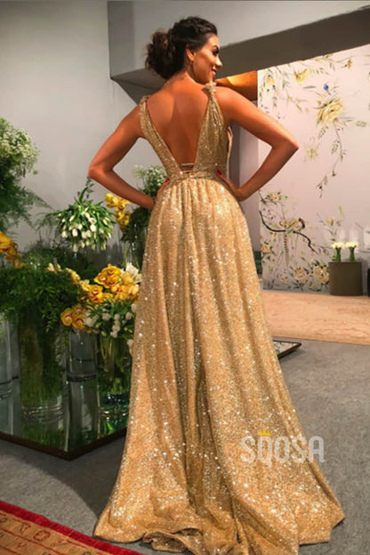 A-line Gold Sequins V-neck Sparkle Prom Dress Party Dress QP1354|SQOSA