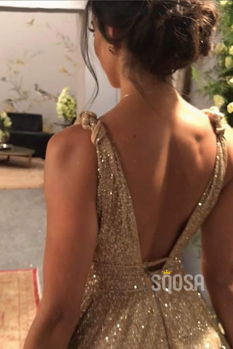 A-line Gold Sequins V-neck Sparkle Prom Dress Party Dress QP1354|SQOSA