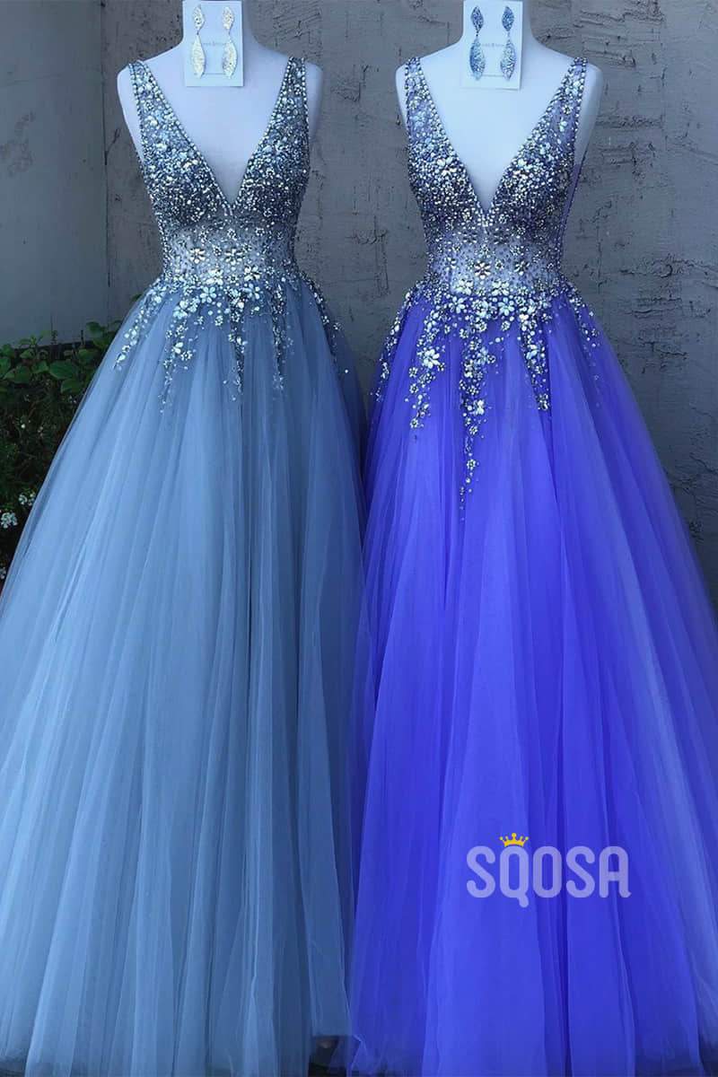 A-line Attractive V-neck Tulle Beaded Long Prom Dress,Formal Evening Gowns QP1382|SQOSA