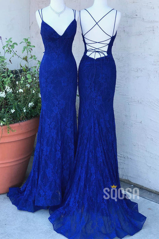 Royal Blue Lace Spaghetti Straps V-neck Mermaid Prom Dress QP1383