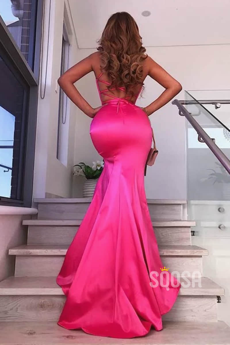 Fuchsia Satin Spaghetti Straps V-neck Mermaid Prom Dress with Slit QP1385
