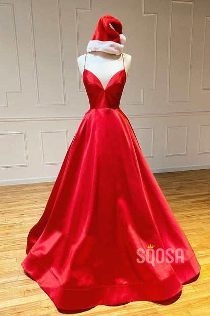 Red Satin V-neck Spaghetti Straps Simple Prom Dress with Pockets QP1395