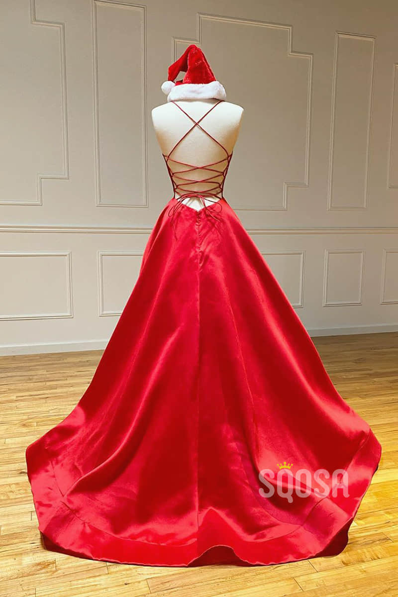 Red Satin V-neck Spaghetti Straps Simple Prom Dress with Pockets QP1395