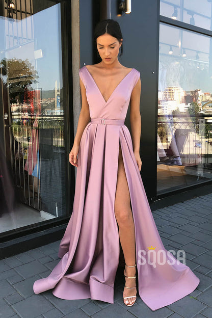 A-line Deep V-neck Red Satin High Split Long Prom Dress with Pockets QP1403|SQOSA