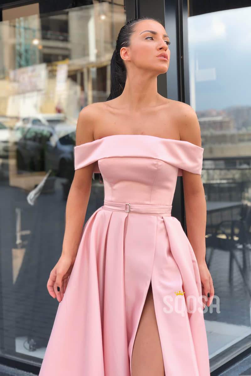 Pink Satin Off-the-Shoulder A-Line Long Prom Dress with Slit QP1405|SQOSA