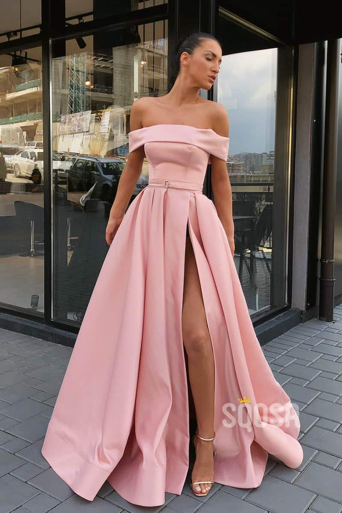 Pink Satin Off-the-Shoulder A-Line Long Prom Dress with Slit QP1405|SQOSA