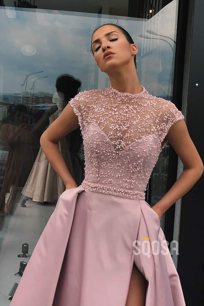 A-line Illusion Jewel Neckline High Split Long Prom Dress with Pockets QP1406|SQOSA