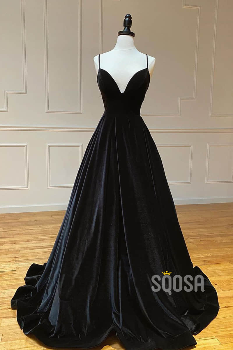 Black Velvet A-line V-neck Spaghetti Straps Long Simple Prom Dress QP1409|SQOSA