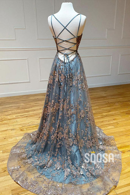 A-line V-neck Spaghetti Sequins Tulle Long Prom Dress with Slit QP1412
