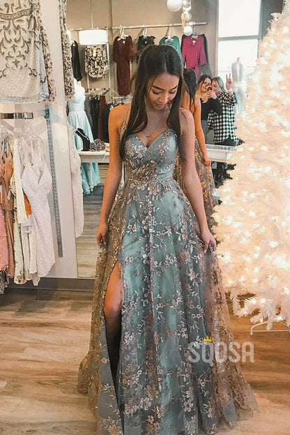 A-line V-neck Spaghetti Sequins Tulle Long Prom Dress with Slit QP1412