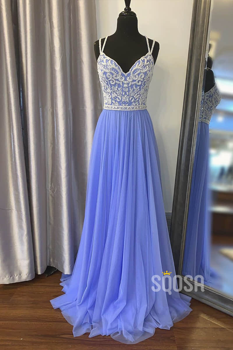 A-line Blue Chiffon Beaded Spaghetti Straps Long Prom Dress QP1418|SQOSA