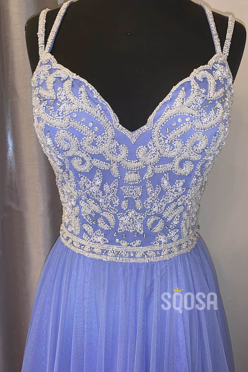 A-line Blue Chiffon Beaded Spaghetti Straps Long Prom Dress QP1418|SQOSA