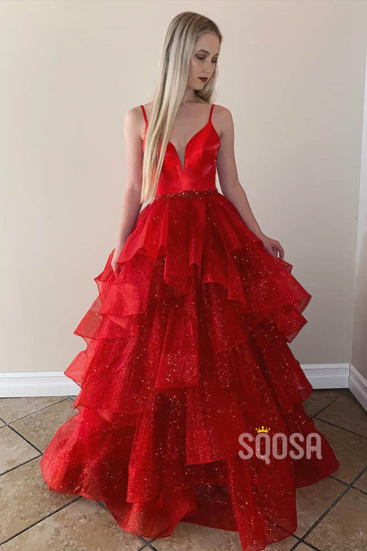 A-Line Red Tulle Ruffles Spaghetti Straps Sparkle Prom Dress QP1420|SQOSA