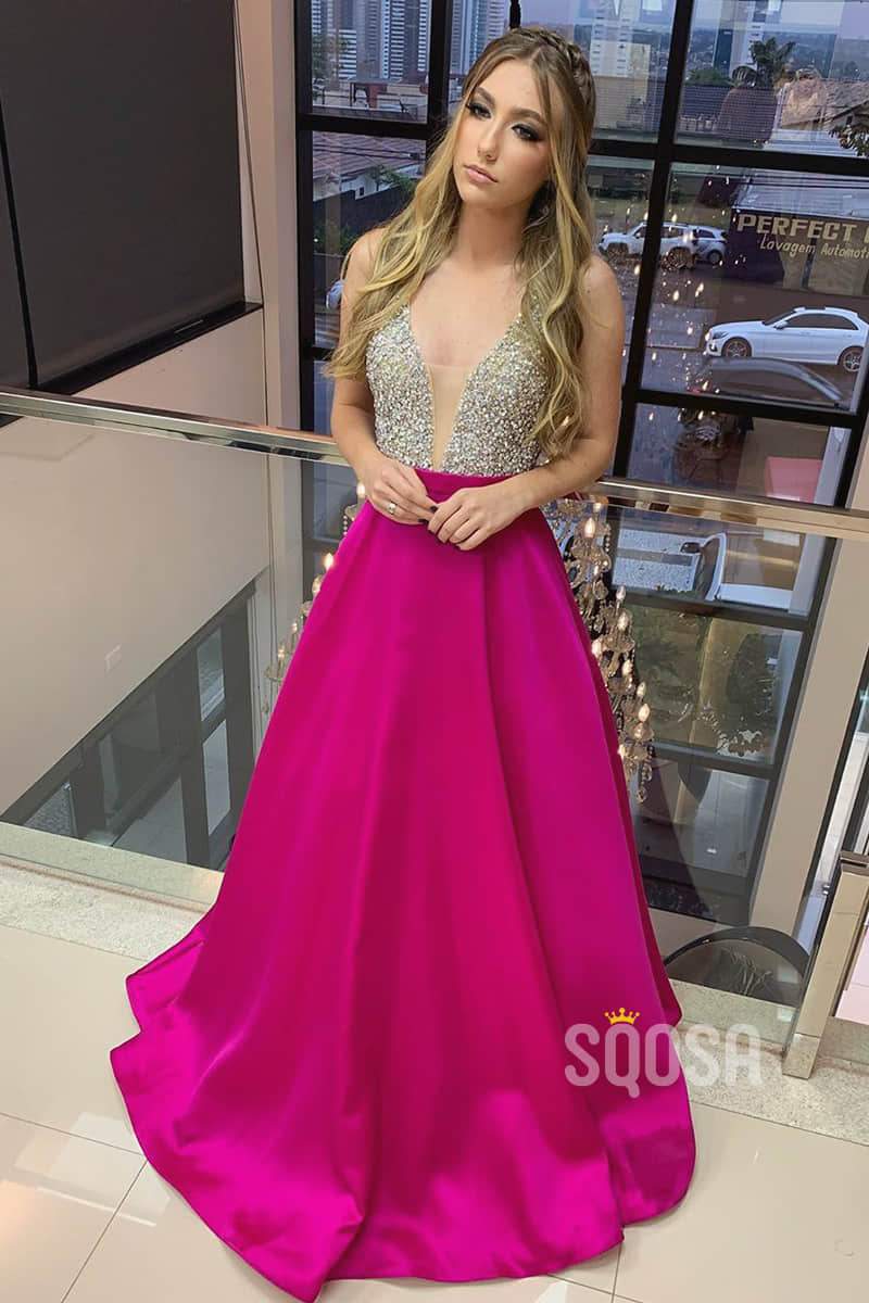 A-line Fuchsia Satin Beaded V-neck Long Prom Dress Formal Evening Gowns QP1426|SQOSA