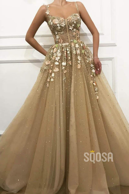 A-line Sweetheart Sparkle Tulle Appliques Long Prom Dress Formal Evening Gowns QP2081|SQOSA