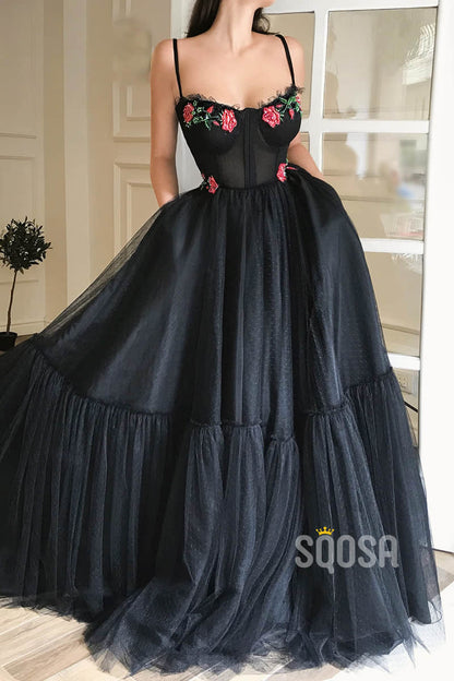 A-Line Sweetheart Embroidery Black Tulle Long Prom Dress with Pockets Formal Evening Gowns QP2083|SQOSA