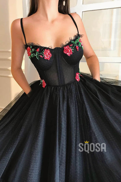 A-Line Sweetheart Embroidery Black Tulle Long Prom Dress with Pockets Formal Evening Gowns QP2083