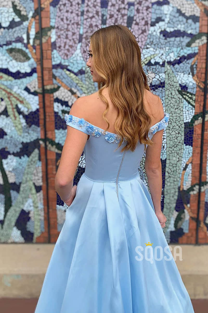 Chic Off-the-Shoulder A-Line Sky Blue Satin 3D Appliques Long Prom Dress QP2099|SQOSA