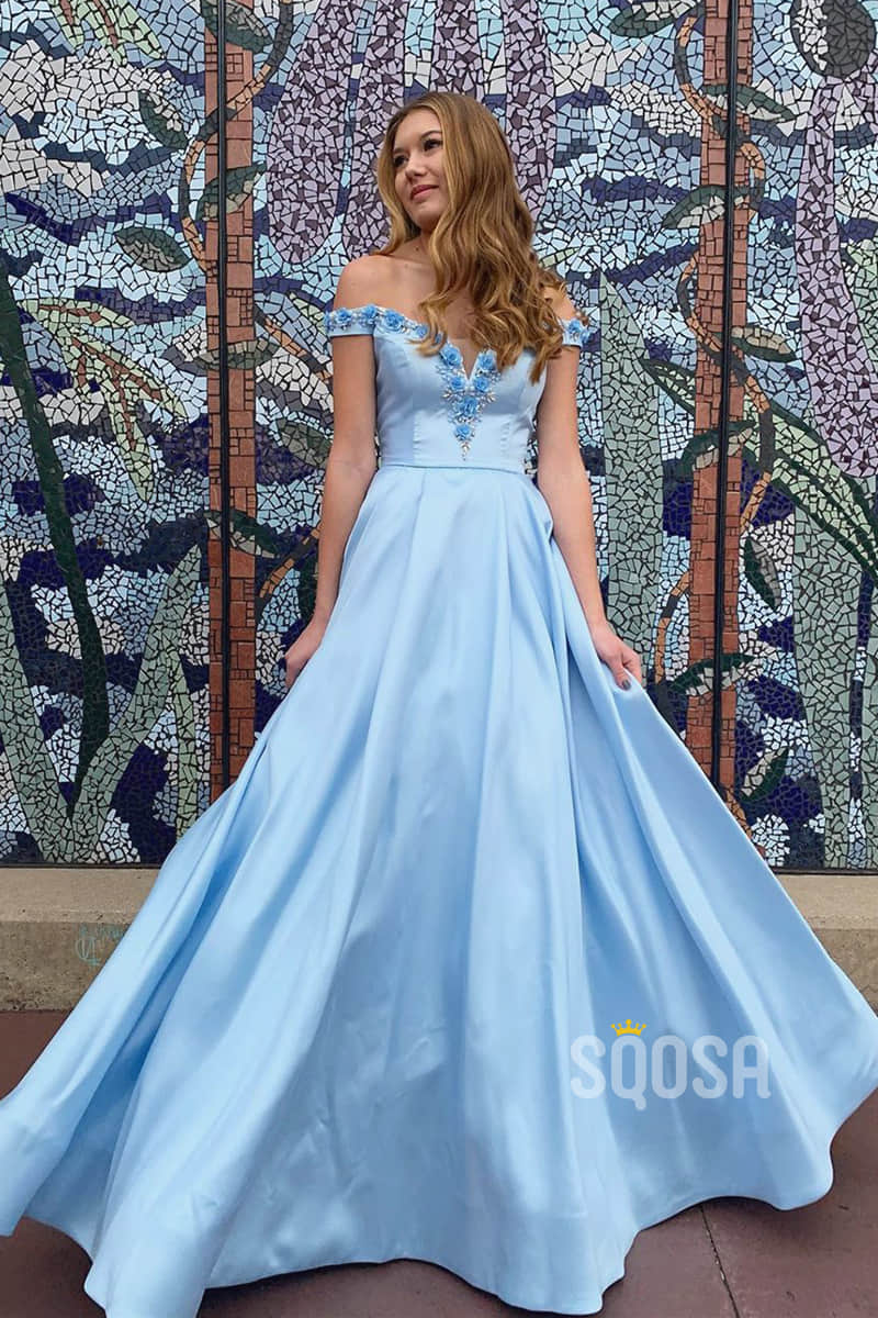 Chic Off-the-Shoulder A-Line Sky Blue Satin 3D Appliques Long Prom Dress QP2099|SQOSA