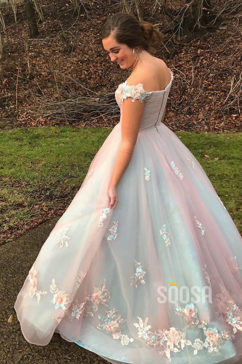 Chic Off-the-Shoulder A-line Tulle Appliques Long Prom Dress Formal Evening Gowns QP2105|SQOSA