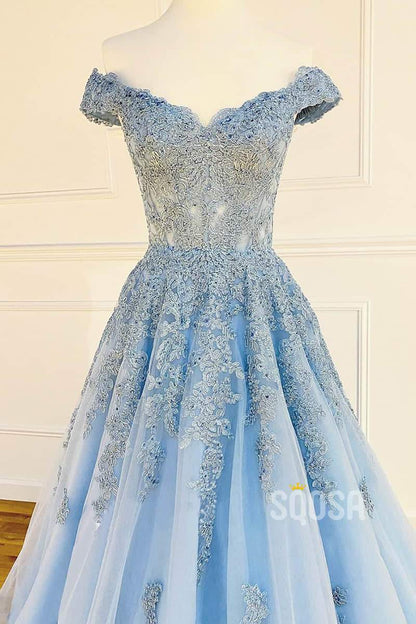 A-Line Off-the-Shoulder Sky Blue Tulle Appliques Long Prom Dress QP2106|SQOSA