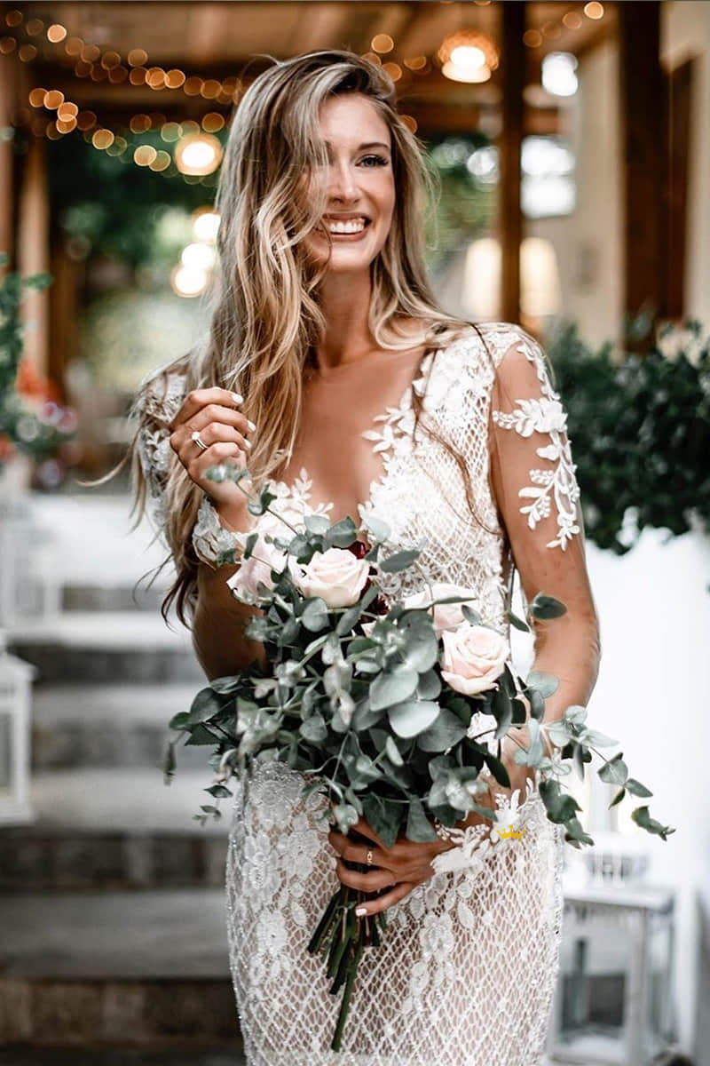 Unique Bateau Illusion Long Sleeve Luxury Lace Mermaid Wedding Dress Bridal Dress QW0818|SQOSA