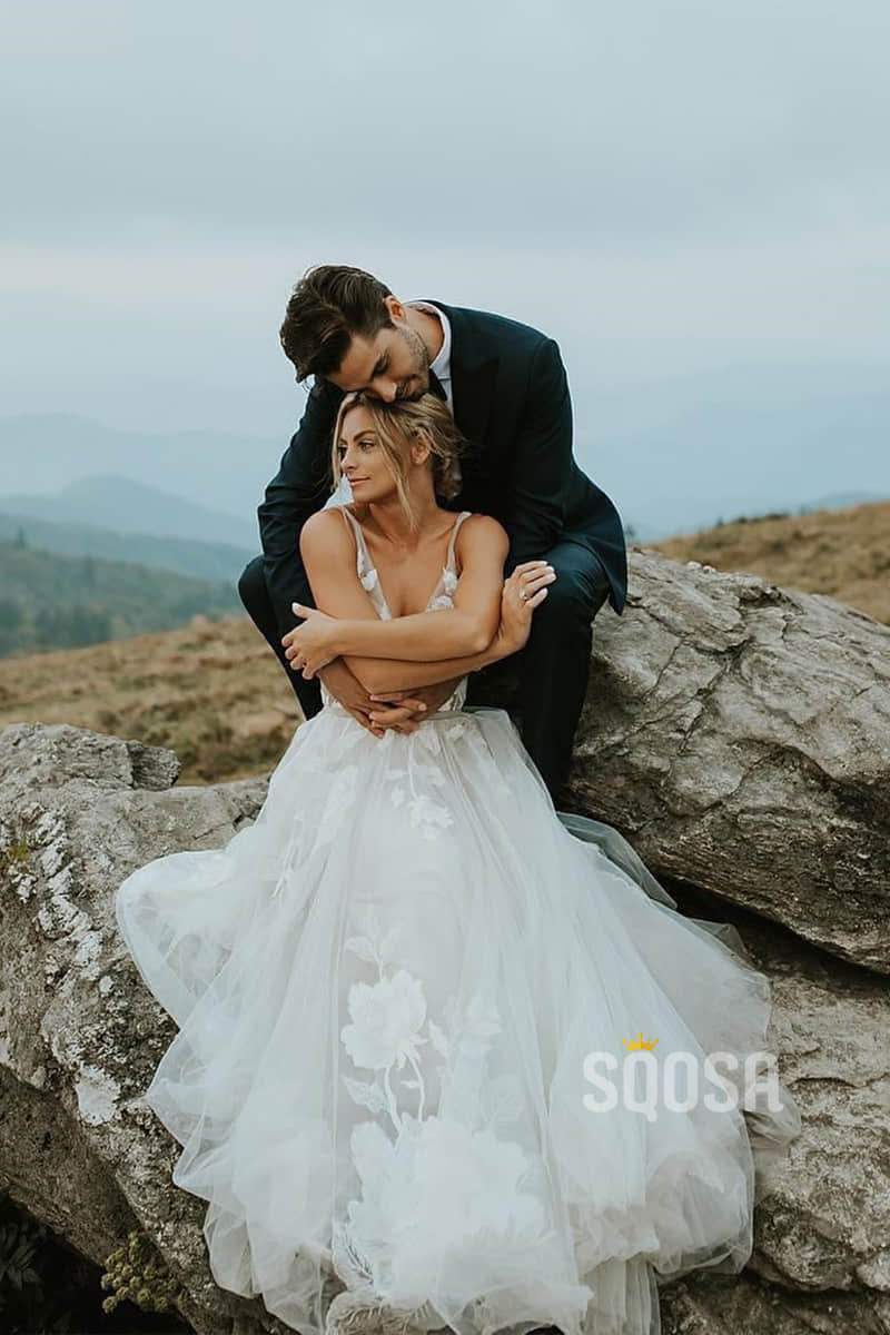 Marvelous v-neck A-Line Wedding Dress Tulle Appliques Rustic Wedding Dress QP0823|SQOSA