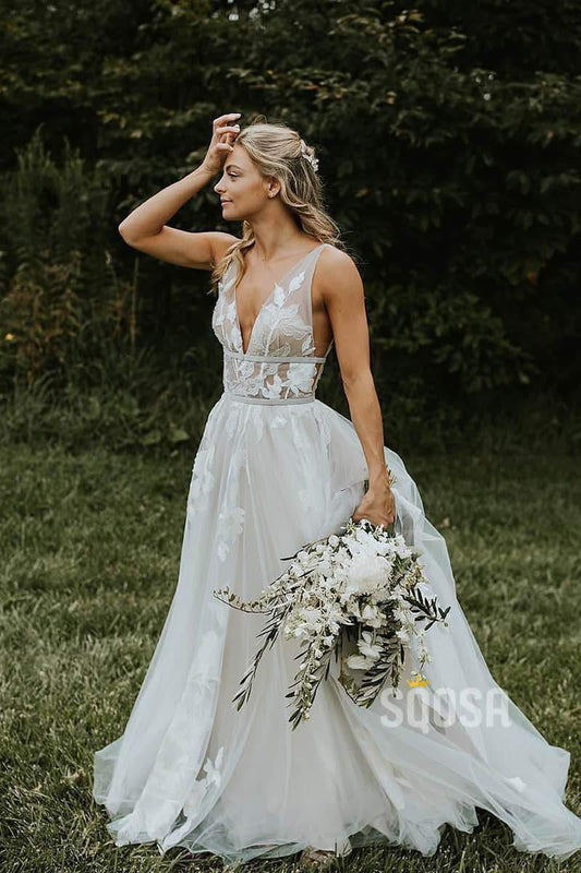 Marvelous v-neck A-Line Wedding Dress Tulle Appliques Rustic Wedding Dress QP0823|SQOSA