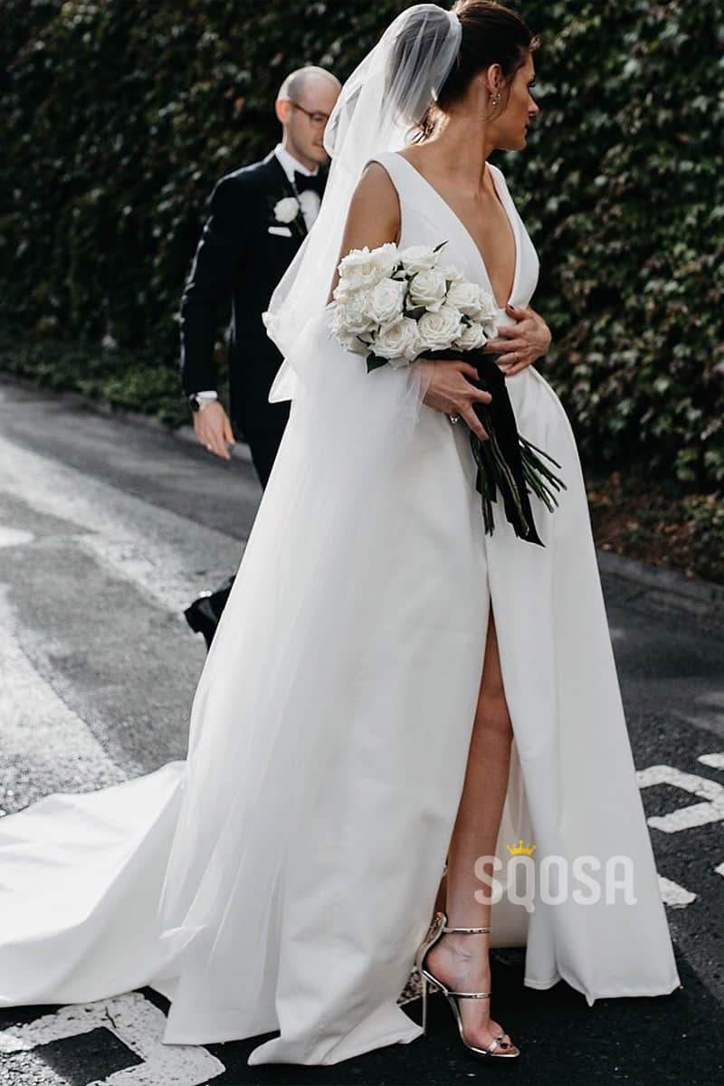 Stunning v-neck White Satin Simple Wedding Dress Bridal Gowns QW0827|SQOSA