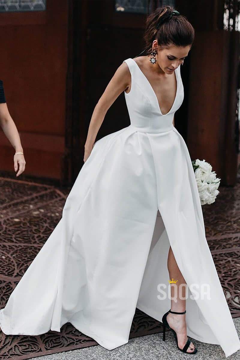 Stunning v-neck White Satin Simple Wedding Dress Bridal Gowns QW0827|SQOSA