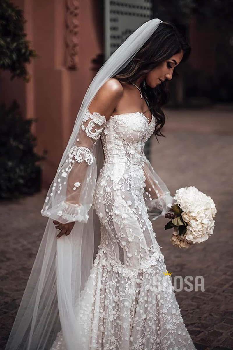Luxury Lace Mermaid Wedding Dress Off-the-Shoulder Illusion Long Sleeve Bridal Gowns QW0831|SQOSA