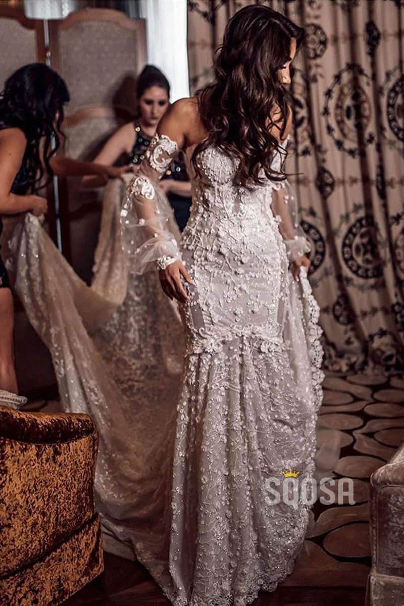 Luxury Lace Mermaid Wedding Dress Off-the-Shoulder Illusion Long Sleeve Bridal Gowns QW0831