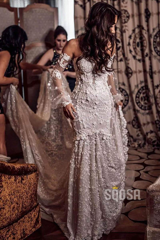 lace applique mermaid wedding dresses long sleeve modest elegant champ –  inspirationalbridal
