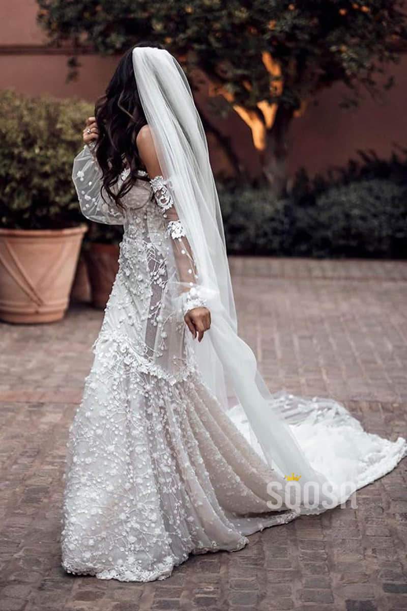 Luxury Lace Mermaid Wedding Dress Off-the-Shoulder Illusion Long Sleeve Bridal Gowns QW0831|SQOSA