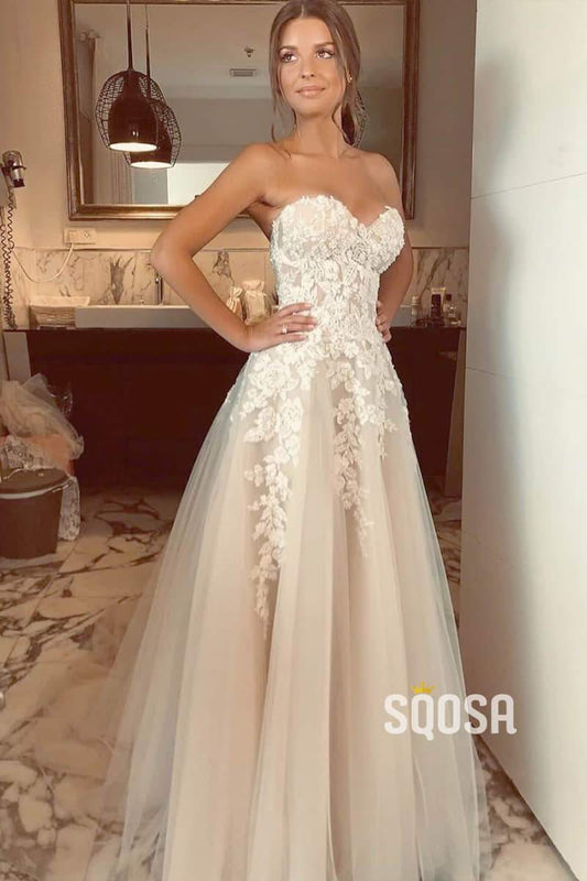 Sweetheart Tulle Lace Appliques A-Line Princess Wedding Dress Bride Gowns QW0847|SQOSA
